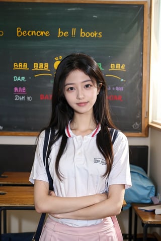 1girl, school uniform, beautiful, black hair, long hair, detailed eyes, looking at viewer, classroom setting, desk, smile,books, chalkboard, sunlight from window, (school bag:1.2), (uniform:1.3), high quality, masterpiece