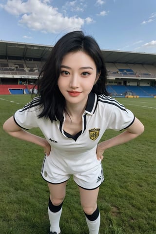 1girl, black hair, full body, soccer uniform, detailed facial features, bright eyes, Cleavage,athletic posture, standing, soccer cleats, green field, outdoor, sunny day, dynamic pose, high quality, masterpiece