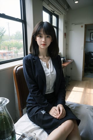 1girl, office lady, solo, (20yo), beautiful, detailed eyes, black hair, long hair, professional attire, suit jacket, pencil skirt, high heels, sitting at desk, computer on desk, office environment, modern interior, window view, sunlight, beautifully detailed background, depth of field, realistic, ambient light, (cinematic composition:1.3), HDR, Accent Lighting, wide-angle lens, best quality, masterpiece