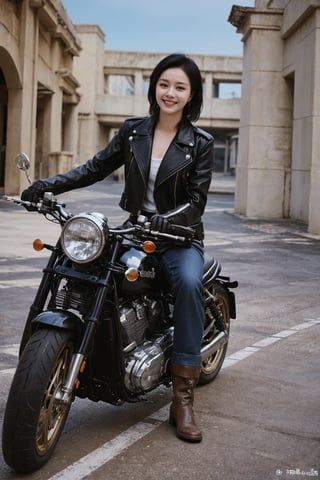 1girl, black hair, solo, (20yo), beautiful detailed eyes, smiling,leather jacket, jeans, boots, motorcycle, dynamic pose, clear sky background, realistic style, ambient light, (cinematic composition:1.3), wide-angle lens, best quality, masterpiece