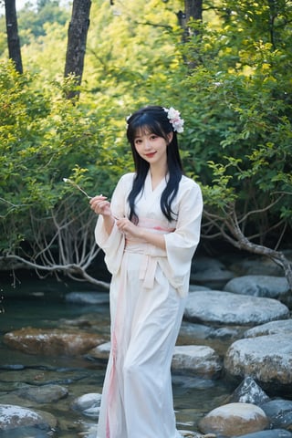 1girl, black hair, full body, standing, smiling, detailed eyes, (black hair:1.3), (kimono:1.2), (smiling:1.1), beautiful, elegant, peaceful expression, natural light, serene background, traditional Japanese setting, realistic, depth of field, ambient light, wide-angle lens, best quality, masterpiece