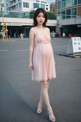 1girl, black hair, pregnant, standing, street, full body shot, (20yo), beautiful, detailed eyes, light blush, simple dress, flat shoes, holding belly, sunny day, urban background, realistic, ambient light, (cinematic composition:1.3), wide-angle lens, best quality, masterpiece