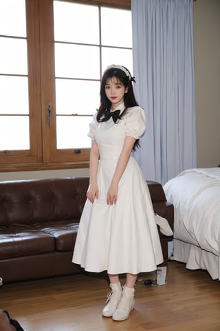 1girl, black hair, maid costume, full body, standing, smiling, room interior, detailed eyes, cute, youthful, light blush, looking at viewer, lace headwear, apron, dress with puff sleeves, bowtie, socks, shoes, floorboards, windows, curtains, furniture, beautifully detailed background, realistic, soft lighting, (cinematic composition:1.3), wide-angle lens, best quality, masterpiece.