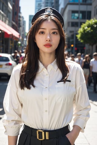 1girl, police officer, beautiful, black hair, long hair, detailed eyes, determined expression, patrolling, street, daytime, urban setting, uniform, hat, utility belt, handcuffs, baton, (20yo:0.8),sunlight, realistic, ambient light, depth of field, cinematic composition, wide-angle lens, best quality, masterpiece