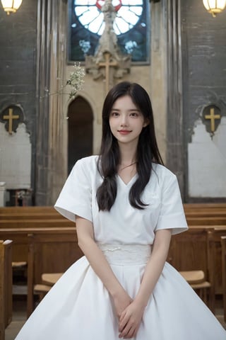 1girl, black hair, long hair, nun uniform, standing, church background, smiling, detailed eyes, (16yo), white habit, (cross necklace:1.2), soft lighting, stained glass windows, pews, altar in distance, high ceilings, peaceful atmosphere, depth of field, realistic, (cinematic composition:1.3), HDR, Accent Lighting, wide-angle lens, best quality, masterpiece.