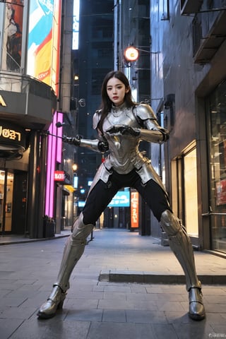 提示词参考：1 girl, black hair, full body shot, modern mecha suit, high-tech, futuristic design, exoskeleton, detailed armor plating, LED lights, dynamic pose, (energy weapon:1.0), cybernetic enhancements, (glowing circuits:0.8), battle-ready stance, cityscape background, neon signs, nighttime, (reflections on armor:1.3), (smoke effect:0.7), cinematic composition, depth of field, realistic textures, ambient light, HDR, Accent Lighting, wide-angle lens, best quality, masterpiece.