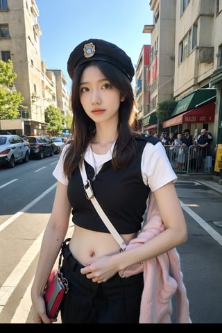 1girl, police officer, beautiful, black hair, long hair, detailed eyes, determined expression, patrolling, street, daytime, urban setting, uniform, hat, utility belt, handcuffs, baton, (20yo:0.8),sunlight, realistic, ambient light, depth of field, cinematic composition, wide-angle lens, best quality, masterpiece