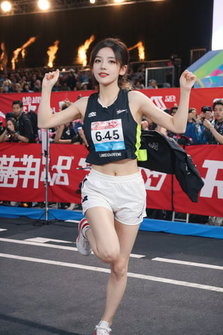 1girl, marathon runner, black hair, young, energetic, sportswear, running shoes, number bib, race track, crowd cheering, clear sky, sun shining, vibrant colors, dynamic pose, sweat detail, focused expression, (muscle tone:1.2), (skin glow:1.1), wide-angle lens, best quality, masterpiece.