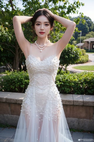 1girl, black hair, smiling, wedding dress, half body shot, (18yo),(arms behind head:1.2),  beautiful, detailed eyes, white dress, lace details, pearl necklace, delicate makeup, natural light, outdoor setting, greenery background, peaceful expression, best quality, masterpiece.