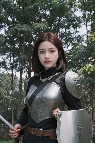 1girl, black hair, full body, armor, holding a sword and shield, forest background, (trees:1.2), (green leaves:1.3), (sunlight filtering through trees:1.1), detailed texture on armor, medieval style, determined expression, ready for battle, (shield design:0.8), (sword details:1.4), natural lighting, peaceful yet tense atmosphere, high resolution, best quality, masterpiece.