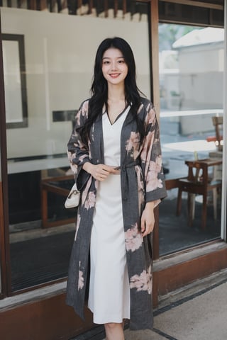 1girl, black hair, full body, standing, smiling, detailed eyes, (black hair:1.3), (kimono:1.2), (smiling:1.1), beautiful, elegant, peaceful expression, natural light, serene background, traditional Japanese setting, realistic, depth of field, ambient light, wide-angle lens, best quality, masterpiece