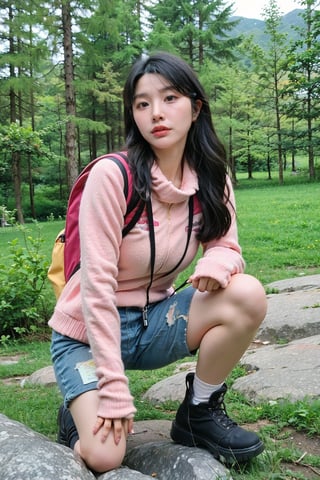 1girl, mountain climbing, beautiful, black hair, long hair, athletic, determined, nature, rocky terrain, (mountain peak:1.3), clear sky, sunlight, trees, (vivid colors:1.2), detailed expressions, dynamic pose, (rope:0.9), (carabiner:0.9), hiking boots, backpack, outdoor adventure, serene atmosphere, depth of field, realistic, ambient light, wide-angle lens, best quality, masterpiece.