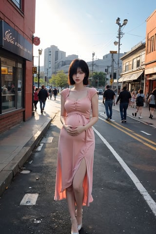 1girl, black hair, pregnant, standing, street, full body shot, (20yo), beautiful, detailed eyes, light blush, simple dress, flat shoes, holding belly, sunny day, urban background, realistic, ambient light, (cinematic composition:1.3), wide-angle lens, best quality, masterpiece