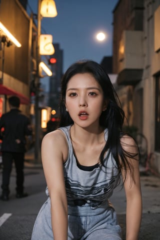 1girl, black hair, teenage, fearful expression, running, nighttime, city streets, alone, (dark shadows:0.8), (moonlight:1.2), blurred background motion, detailed face, wide eyes, open mouth, wind-blown hair, fast movement, urban environment, neon signs, streetlights, (panic:1.5), best quality, masterpiece