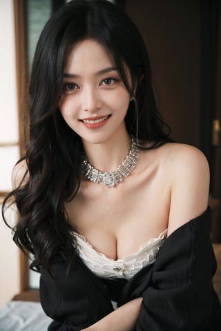 1girl, black hair, loose clothing, upper body, smiling, (Cleavage),leaning forward, collar naturally falling, black lace underwear visible through collar, beautiful detailed eyes, light blush, looking at viewer, (cinematic composition:1.3), ambient light, HDR, Accent Lighting, wide-angle lens, best quality, masterpiece.