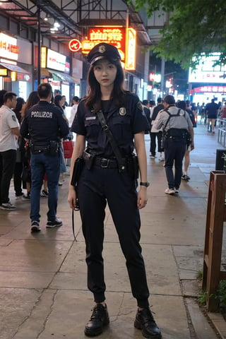 1girl, black hair, young, female police officer, patrolling, street view, full body shot, uniform, cap, badge, utility belt, nightstick, focused expression, city background, daytime, realistic style, high-quality resolution, masterpiece.