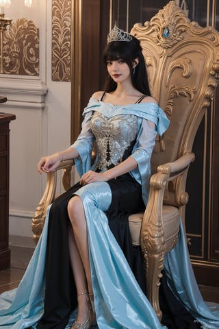 1girl, black hair, queen costume, luxurious clothing, full body shot, smiling, (crown:1.2), (jewelry:1.3), (gown:1.5), detailed textures, elegant pose, regal aura, soft lighting, ornate background, royal throne, palace interior, high resolution, best quality, masterpiece