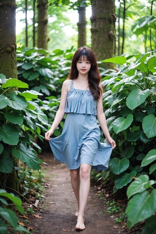 1girl, beautiful, solo, (17yo), stunning black hair, long hair, detailed eyes, walking in forest, green trees, sunlight filtering through leaves, colorful wildflowers, peaceful atmosphere, serene expression, flowy summer dress, barefoot, natural makeup, surrounded by nature, vibrant colors, depth of field, realistic, ambient light, (cinematic composition:1.2), wide-angle lens, best quality, masterpiece.