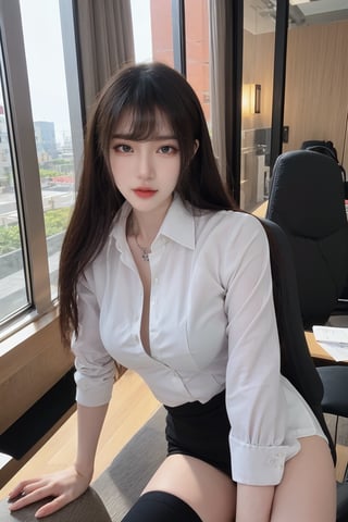 1girl, office lady, solo, (20yo), beautiful, detailed eyes, black hair, long hair, business suit, white shirt, black skirt, high heels, thighhighs, office, desk, computer, documents, window view, cityscape, beautifully detailed background, depth of field, realistic, ambient light, (cinematic composition:1.3), HDR, Accent Lighting, wide-angle lens, best quality, masterpiece