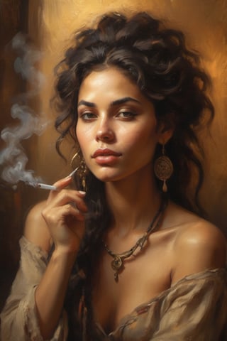 A sensual Gypsy woman sits serenely in a warm, golden-lit studio, surrounded by a soft focus haze. Her radiant skin glows against the blurred background as she effortlessly vaping smoking, a wispy trail of smoke curling up from her lips like a whispered secret. Her striking facial features are framed by an untamed mane of dark dreadlocks that cascade down her back like a rich tapestry.