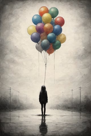 minimalism digital painting, (style of Stephen Gammell:1.3), vertical digital rainfall, [multiple rainbow balloon existentialism], silhouette, despair