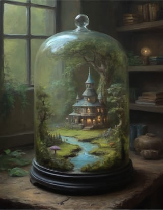 oil painting of a tiny fairy world with infinitesimal forest and glades and rivers under glass bell jar whole society of mini luminescent magical fairies in a jar beautifully detailed and richly complex interior rustic room background