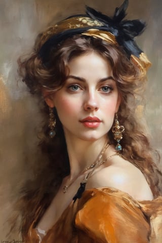 An oil painting in the style of John Singer Sargent and a print by Ivana Besevic, the lighting style of Rembrandt. A beautiful portrait of a 1800 centuries attractive women. A detailed, beautiful, girlish face. Narrow nose, beautiful, large eyes and full lips,(brilliant composition) 