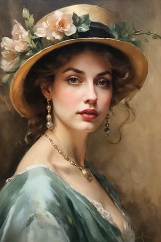 An oil painting in the style of John Singer Sargent and a print by Ivana Besevic, the lighting style of Rembrandt. A beautiful portrait of a 1800 centuries attractive women. A detailed, beautiful, girlish face. Narrow nose, beautiful, large eyes and full lips