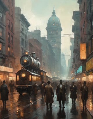 retro future 1890 steampunk Boston crowded downtown diverse population by Ismail Inceoglu and Jeremy Mann,oil painting