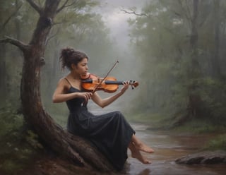 oil painting of a desperately survival girl in a playing in the violin, she is very lonely. she is sitting down tree with a violin, moody forest after rain. detailed and moody atmosphere ,painting,oil painting