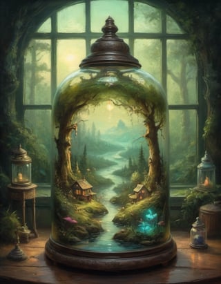 oil painting of a tiny fairy world with infinitesimal forest and glades and rivers under glass bell jar whole society of mini luminescent magical fairies in a jar beautifully detailed and richly complex interior rustic room background,oil painting