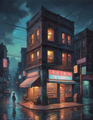 isometric city corner store city block dark night with neon signs and tungsten lighting and a boy walking dog colorful iridescent detailed lighting inspired by Hayao Miyazaki,oil painting