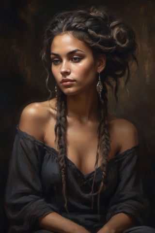 A serene and alluring Gypsy girl sits confidently in a warm, black-lit studio setting. Her radiant complexion glows against the soft focus background, while her striking feature is framed by a messy bun of tangled dreadlocks that cascade down her back like a waterfall of dark, rich silk.,more detail XL