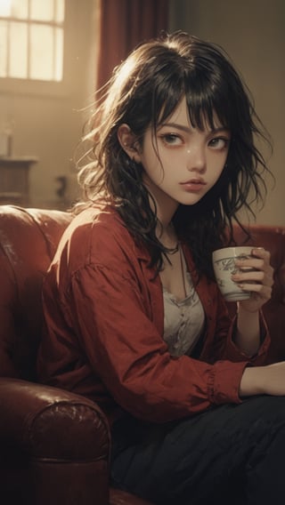 1girl, solo, messy hair, shirt, black hair, red-tone highlight hair, golden-red hue highlight, holding, sitting, closed mouth, detiled eyes, attitude, red shirt, open shirt, girl focus, indoor, shirt, red couch, drink, coffee, drinking, holding mug,score_tag, sunset light, twilight lights, dramatic light, retro light, raw photo, ultra detailed, hyper realistic, detailed photo, photoshoot,more detail XL