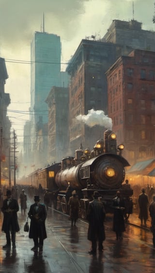 retro future 1890 steampunk Boston crowded downtown diverse population by Ismail Inceoglu and Jeremy Mann,oil painting