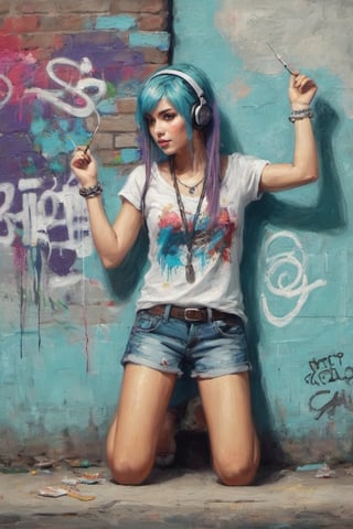 masterpiece, best quality, 1 sister, alone, women&#39;s shirts, Denim shorts, necklace, （Graffiti：1.5）, paint splatter, Put your arms behind your back, leaning against wall, looking at the audience, armband, thigh strap, Painting body, head tilt, having fun, hair color, aqua eyes, earphone,graffiti wall