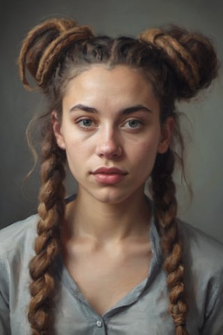 a portrait an beautiful young gypse girl, natural face, bun dreadlocks hair, long dreadlocks hair