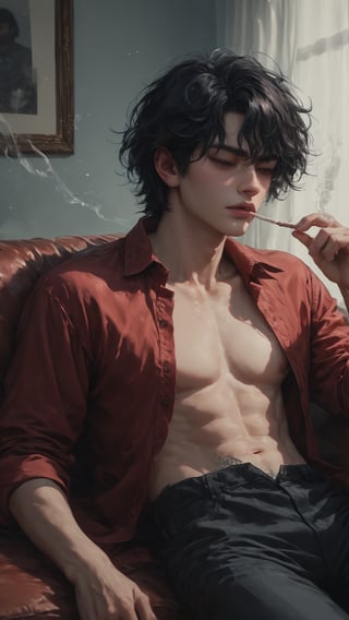 1boy, solo, messy hair, shirt, black hair, red-tone highlight hair, golden-red hue highlight, holding, sitting, closed mouth, closed eyes, attitude, red shirt, open shirt, male focus, lying, indoor, on back, shirt, red couch, smoke, cigarette, smoking, holding cigarette,score_tag, sunset light, twilight lights, dramatic light, retro light, raw photo, ultra detailed, hyper realistic, detailed photo, photoshoot,more detail XL