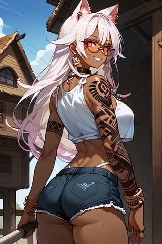 1girl, solo, cat girl, dark skin, house, ass, back, back view, malicious smile, white hair, long hair, straight hair, bangs, viking tattoo, pink eyes, abs, six pack, slim waist, inverted triangle hips, big trapeze, bone collar, big chest, big ass, big thigh, earring, necklace, bracelet, bicep bracelet, choker, glasses, piercing, Expressiveh, sexy short tank top, sexy mini shorts, sexy panty strap,