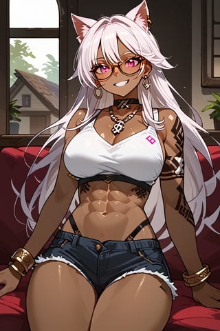 1girl, solo, cat girl, dark skin, house, looking at viewer, sitting, malicious smile, white hair, long hair, straight hair, bangs, viking tattoo, pink eyes, abs, six pack, slim waist, inverted triangle hips, big trapeze, bone collar, big chest, big ass, big thigh, earring, necklace, bracelet, bicep bracelet, choker, glasses, piercing, Expressiveh, sexy short tank top, sexy mini shorts, sexy panty strap,