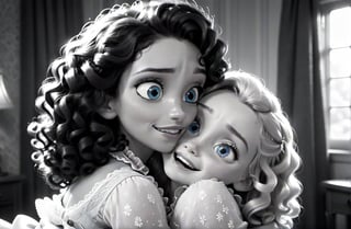 Black and white image, A beautiful 11 year old girl, English traditional dress, black curly blond, bright shiny skin, blue eyes, With tears of joy, Lilly hugged Mrs. Thompson tightly, the warmth of their embrace radiating a sense of belonging and gratitude ,disney pixar style