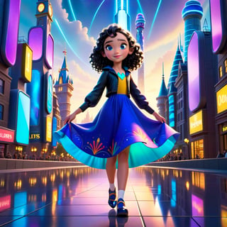 A beautiful 11 year old girl, English traditional dress, black curly blond, bright shiny skin, blue eyes, As Lilly walked through the futuristic city of Emerland, towering buildings reflected the brilliant lights of a thousand colors, capturing her awe and excitement at the new world around her., Disney Pixar style, 