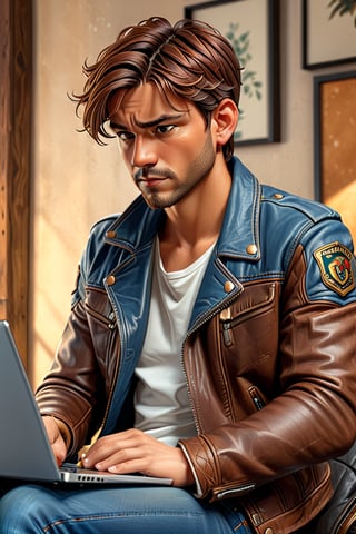 (best quality, 8K, ultra-detailed, masterpiece), 3D, 1man, sitting at a laptop, freelance writer. , leather jacket, blue jeans, brown hair, brown eyes, concentrated, This artwork radiates fortitude and wholesome beauty, inviting you to immerse yourself in its unique and captivating world.