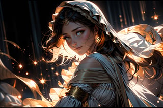 golden ratio, fighting dance, masterpiece, best quality, fantasy, intricate, illustration, color correction, appropriate lighting settings, harmonious composition, soft lighting, specular lighting, extremely detailed, hyper detailed, realistic, sharp focus, hd, 8k, 1girl, dsgwynevere, perfect face, long hair, heaven, godness beauty, dynamic pose, looking at viewer, dark background, close, light particles,dsgwynevere, perfect lips