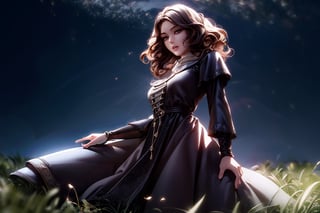 {{{masterpiece}}}, {{{best quality}}}, {{{ultra-detailed}}}, {cinematic lighting}, {illustration}, 1girl, Melina,  dynamic pose, perfect body,
long hair, maiden dress,
looking at viewer,lips,very long hair, at night background, dark background, grass,
center opening, hair over shoulder,hair ornament,masterpiece,best quality,ultra detailed, 8k, cinematic light,highly detailed, scenery,pose,solo,looking at viewer,3DMM, Melina,melina (elden ring)