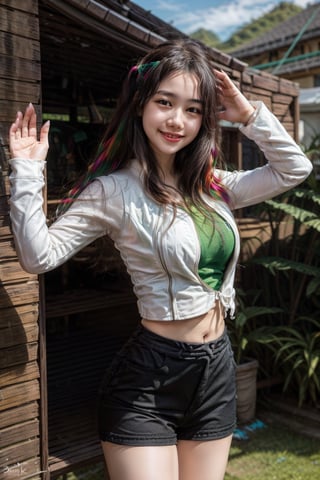 The person in the picture is a young woman with long hair. She is wearing a white jacket over a green tank top and black shorts. Her arms are raised in the air, and she is smiling. She is standing.(colorfull)