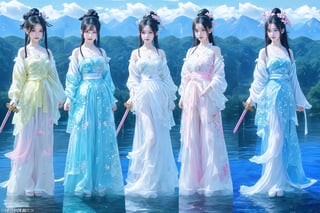 (RAW, Masterpiece, Best Quality, Photorealistic, HD, 8K), 1girl, 16 years old, black hair, long hair, hair blowing in the wind, traditional Chinese hairstyle, Jin Yong martial arts, solo, hair accessories, pink lips. Long eyelashes, correct human body structure, standard female figure, thin, fairy temperament, (light blue thin and transparent clothes:1.2), bellyband, naked lower body, perfect of pussy, loose hair, very bright big eyes, fine hair, large pores , small breasts, navel, ponytail, arms, outdoors, Chinese sword, water, bun, holding weapon, uncensored, single bun, arms extended, realistic, waterfall, girl swinging sword, martial arts moves, sword fighting moves, jumping , lunge, stand independently, movements clearly visible. The sword is long and delicate, with a mountain background and a waterfall background. Large wide angle lens, movie lens, real photo, Chinese landscape painting scenery, blurred background. Full body photos, chinkstyle, ink painting,jianxian,(light blue ru skirt:1.2),xuer extravagant gown,Koi,xuer martial arts,xuer Lotus leaf