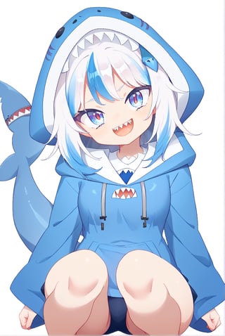 score_9_up, score_8_up, score_7_up, source_anime, 1girl, beautiful detailed eyes, ((masterpiece,best quality)), solo, ((gawr gura)), virtual youtuber, gawr gura 1st costume, sharp teeths, medium hair, white hair, hair ornament,  ((hood up)), blue hoodie, shark tail, smile, curvy, head tilt