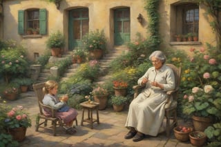 A serene scene unfolds in the quaint village courtyard: a kindly grandmother gently rocks in her chair, knitting a warm sweater as her granddaughter, a studious little girl, intently draws beside her. The child's pursed lips and focused gaze convey her dedication to art. Soft golden light casts a dreamy atmosphere, enveloping the pair amidst lush greenery and blooming flowers.