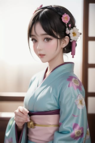 cute little girl in kimono, detailed facial features, beautiful detailed eyes, beautiful detailed lips, extremely detailed face, longeyelashes, soft pastel colors, cinematic lighting, delicate ornaments, intricate kimono patterns, vibrant floral background, highly detailed, 8k, masterpiece, digital art